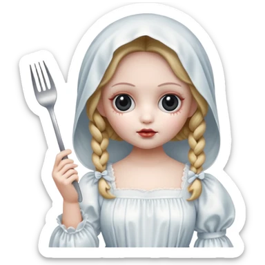 creepy doll in white night gown holding a fork  sticker