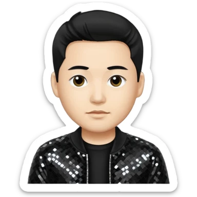 Joe Hahn from Linkin Park with black hair, light skin, black sequin outfit sticker