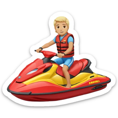 Jek Ski emoji youcan see the jetski with the Man on the Jek Ski blone hair Red lifevest, JekSki is BXW720 light blue yellow, bad ass sticker