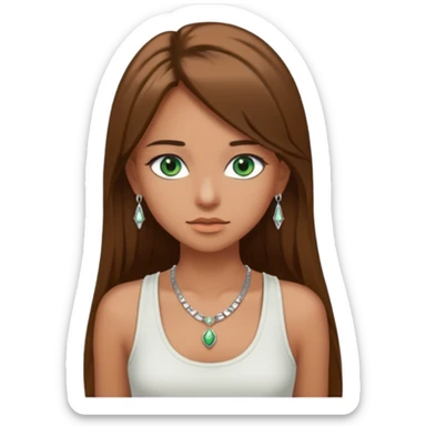 A girl with long brown straight hair, green eyes, and a white tank top; she doesn't have bangs. she wear a lot of silver jewerly tan skin sticker