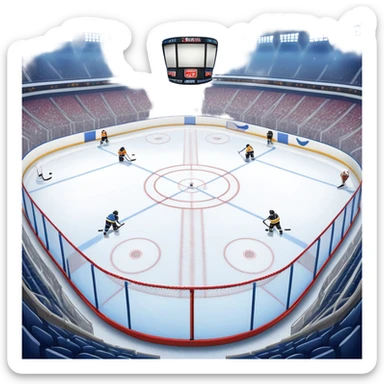 An icon showing a close-up of a hockey stick, puck, skates, and hockey net placed on the ice. The background features a packed stadium with bright lights, cheering fans, and snowy scenery outside. Transparent background highlights the key elements of the game. sticker