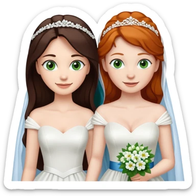 A tall, pale woman with very dark brown hair and green eyes marrying a shorter ginger woman with blue eyes, both in wedding dresses. sticker
