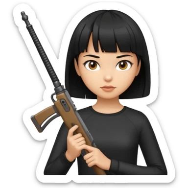 Hace un emoji de una chica de pelo corto negro y fleco finito , con un arma  sticker