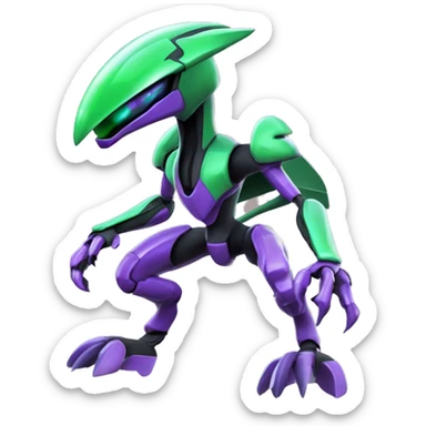 a shiny black-green-purple Genesect-Flygon-Raptor-Fakémon-Medabot-hybrid with a futuristic visor-helmet full body sticker