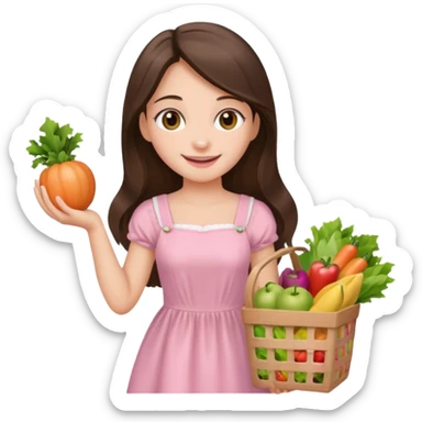 pretty smiling long brunette hair girl hazel eyes wearing light pink dress holding groceries sticker