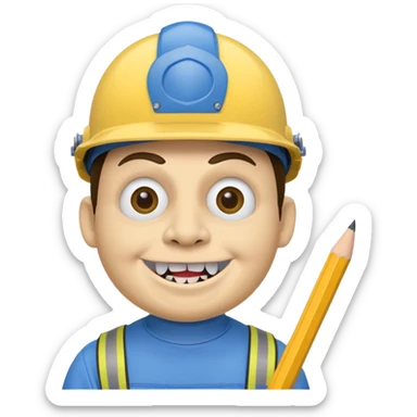 A round head puppet with 2 buck teeth a blue helmet and a round nose with a pencil in it also he has a unibrow  and a yellow shirt that says jeffy sticker