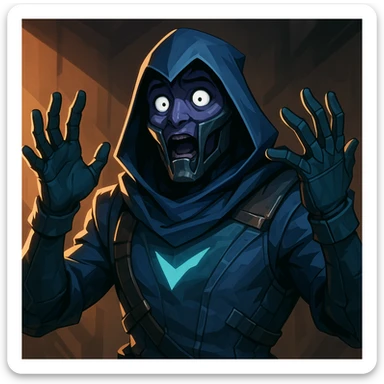 Valorant Omen character, surprised expression, wide eyes, hands raised, mask slightly open, Valorant style, detailed sticker