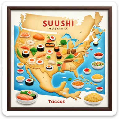 Icon for Culinary Tourism: a map with various national dishes from around the world, like sushi, pasta, and tacos, surrounded by iconic landmarks. The icon should represent the joy of exploring different cuisines during travel. Transparent background. sticker