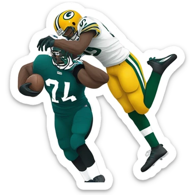 A Green Bay packers football player stomping on a Philadelphia Eagles football player sticker