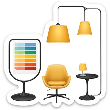 Create a minimalistic and stylish custom emoji that represents a premium interior design studio. The emoji should include a sleek modern chair, a hanging designer lamp, and architectural elements like a floor plan or a paint swatch.  sticker
