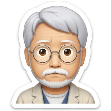Cinematic Realistic Hayao Miyazaki Portrait Emoji, depicted as a visionary filmmaker with a gentle imaginative expression and artistic flair, rendered with delicate textures and soft enchanting lighting that captures his legendary storytelling. sticker