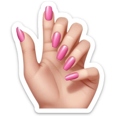  pink close-up of a hand with beautifully manicured nails, glossy pink nail polish, elegant nail shape, soft lighting and shadows, realistic style, sticker