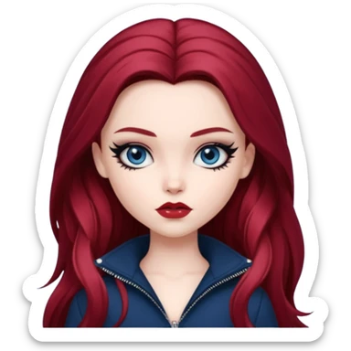 pale skin, girly bratz baddie, beautiful dark blue eyes, sharp black eyeliner, long dark red hair sticker