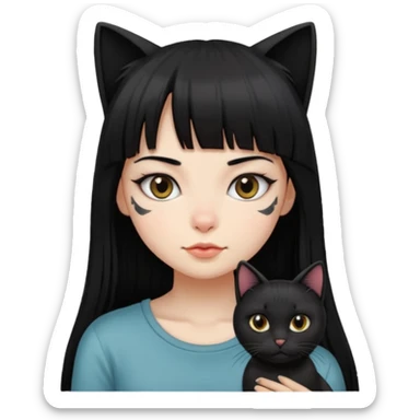 girl with long black straight bangs hair and small tattoo and a Black haired cat sticker