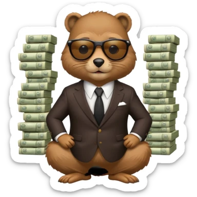 Beaver in suit wearing sunglasses surrounded by stacks if cash sticker