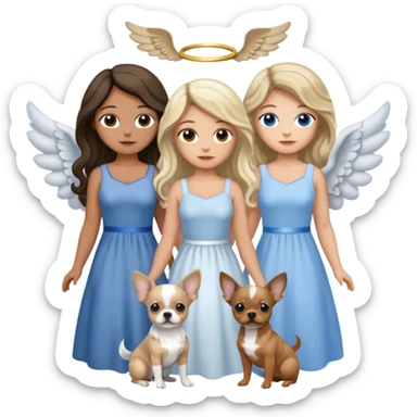 Three women as pretty angels with wings and isolated dresses, brown eyed light skin with dark blonde long hair and Brown eyed light skin black long wavy hair holding grey and tan Merle Frenchie and blue eyed light skin long blonde hair hold black and tan chihuahua  sticker