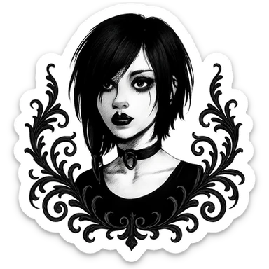 emo girl with choker necklace, dark lipstick, gothic filigree sticker