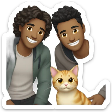 Gay couple, 1 guy Latino black straight hair and 1 Australian guy with blonde slightly curly hair with a cat laughing full body sticker