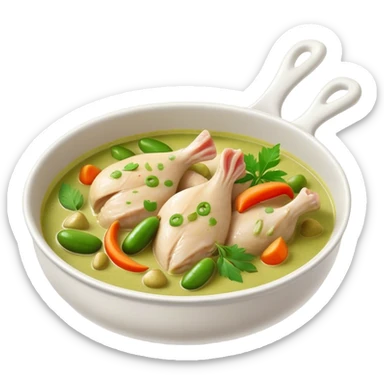 Cinematic Realistic Green Chicken Curry Dish Emoji, depicted with tender chicken simmered in a fragrant green curry sauce with vegetables rendered with rich textures and dynamic, vibrant lighting. sticker