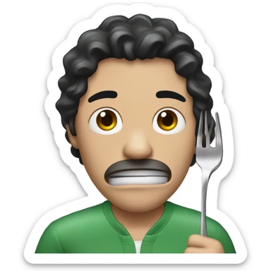 A man in a green jumpsuit that says 230 and the man has black hair but his hair is purple on the top and he is crying with a metal fork in his hand sticker