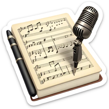 Create an emoji representing songwriting. The design should feature an open notebook or sheet music with visible lyrics and musical notes, symbolizing the process of writing song lyrics. A pen or pencil should be placed near the notebook, indicating active writing. Optionally, include a vintage microphone or a quill to add a creative touch. Use a harmonious color palette with warm and neutral tones. Do not include any emojis or smiley faces. Make the background transparent. sticker