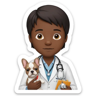 joven médico con el pelo un poco largo pero no tanto y lacio, que tenga un estetoscopio de color de piel tez negra calida !!! que sostiene un bulldog francés blanco sticker