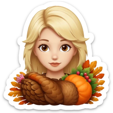 A blonde woman with a thanksgiving turkey cat sticker
