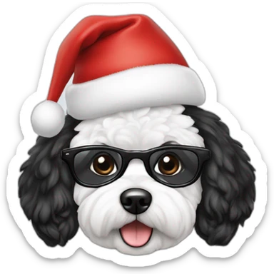 bichon dog-sitting-christmas hat-with woman-black hair-glasses sticker
