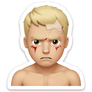 a blond guy with a short haircut, a tired and angry face, no shirt, with bruises under his eyes, and signs of beatings on his body sticker