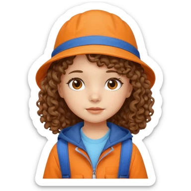 A little girl student curly brown hair, with beige bucket hat, orange jacket, blue backpack sticker