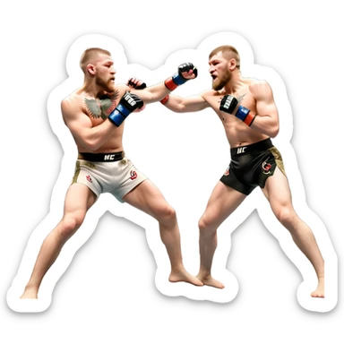 Iconic MMA match between Conor McGregor and Khabib Nurmagomedov in the octagon. McGregor throws a powerful punch while Khabib counters with a takedown attempt. The crowd roars in the background as the fighters showcase their intense rivalry. Transparent background captures the high-stakes fight sticker