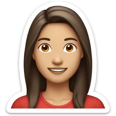 smiling woman with light to medium skin, straight dark brown hair with middle part red shirt  sticker