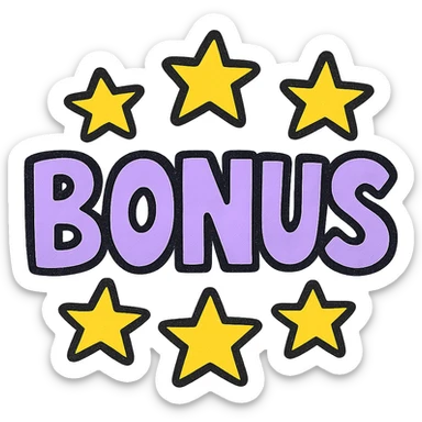 the word BONUS in large letters, all the same vibrant color, surrounded by stars, no background or sign behind, just the letters and stars, vibrant cartoon style QUIERO EXACTAMENTE IGUAL SOLO QUE LAS LETRAS DEBEN SER VIOLETA PASTEL Y LAS ESTRELLAS AMARILLAS sticker