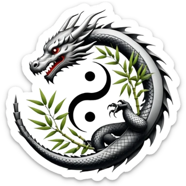 An icon symbolizing Eastern martial arts in the style of an emblem, with a black-and-white Yin-Yang symbol at the center. A dragon is placed on either side, representing strength and wisdom. The design includes bamboo and traditional elements. Transparent background sticker