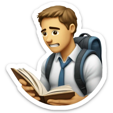 imagen estilizada de un estudiante triste y saltand sacando fotocopias con un libro en sus manos sticker