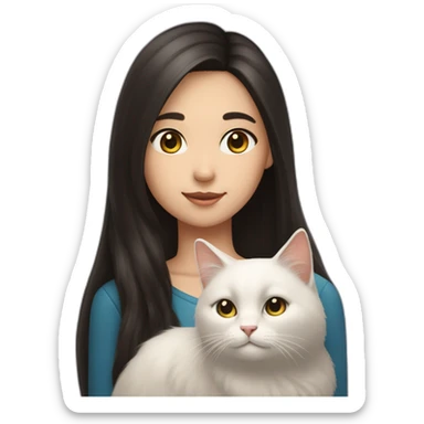 A girl with long dark hair and a white fluffy cat on her right shoulder sticker