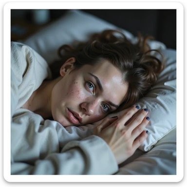 hyperrealistic 4K image of a woman with PCOS picking up hair from pillow upon waking, face with acne and facial hair, shocked expression, thinning hair, domestic environment sticker