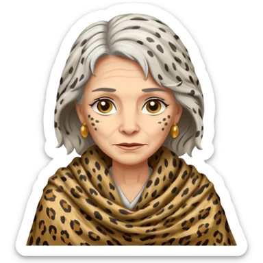 ancient white woman, tattered leopard skin shawl sticker