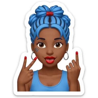 brown girl with blue locs in a bun with tongue out and red nails showing middle finger sticker