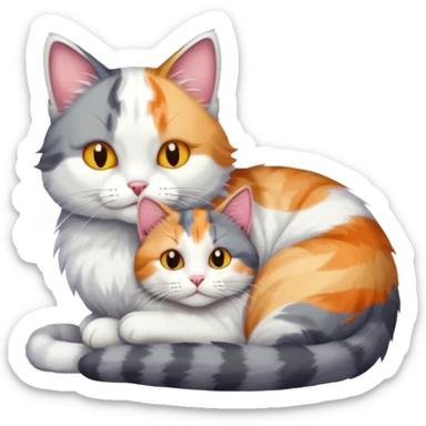 grey and white cat cuddling a colourful light patched calico + white tabby cat sticker