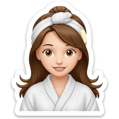 happy white long brunette hair girl with hazel eyes in a bathrobe and her hair tied up in a towel sticker