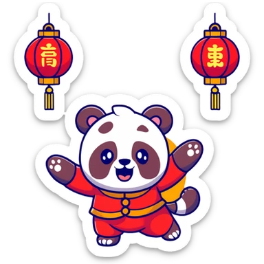 cute panda wearing red and gold Tang suit performing lion dance, head wearing red and gold lion head, both hands holding lion head jumping, background with golden firecrackers, lanterns and auspicious clouds, main color bright red with gold details, rich New Year atmosphere, cartoon sticker style sticker