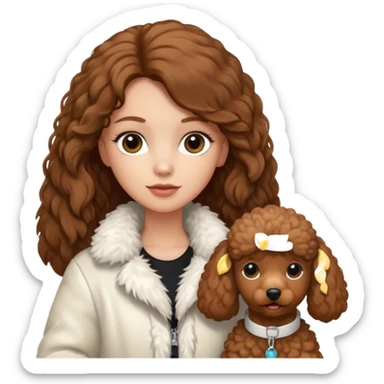 A white girl with a long brown straight hair and wearing a fur white jacket holds a brown poodle sticker