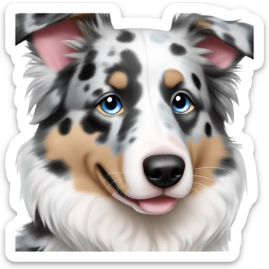 Blue Merle and white Australian Shepherd with black white and gray color pattern face is all white with blue eyes spots around eyes and spots on a cute pink nose sticker