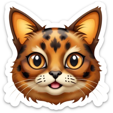 Cinematic Comical Tortoiseshell Cat Portrait Emoji, Head cocked dramatically with an over-the-top shocked expression, featuring a rich mottled fur of browns and blacks and wide, comically animated eyes full of playful disbelief, simplified yet hilariously detailed, glowing with a bold, sassy radiance, high shine, exuding a mischievous and spirited charm, styled with a soft glowing outline, capturing the essence of a tortoiseshell cat that appears ready to burst into comical antics! sticker