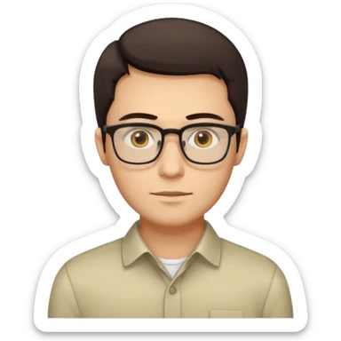 a young man around 30 years old, dark brown eyes, with dark brown hair, longer rectangular face, light yellow skin color, small eyes with rectangle shape glasses, without beard, no forehead wrinkles, wear shirt sticker
