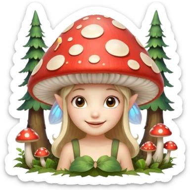 mushroom fairy portrait, head and shoulders only, wearing a large mushroom cap hat, tiny glowing wings visible behind shoulders, cute magical smile, forest fantasy vibe, 3D cartoon, mobile game icon style, clean background, no text, no watermark sticker