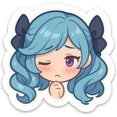 Gwen from League of Legends, chibi emote style, only head visible, right eye purple, shy expression, eyes averted, cute and expressive sticker