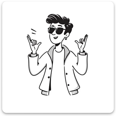 A 30-year-old Latino male with a piercing in one ear, wearing sunglasses, with short David Beckham style haircut, shrugging his shoulders with raised hands in a carefree "whatever, I'm good" gesture. He's smiling confidently while wearing a t-shirt with a light jacket sticker