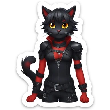 Anthro Edgy Cool Beautiful Black Cat-Fursona-Fakemon with Emo Hair-bangs with Red Streaks Chest Harness sticker